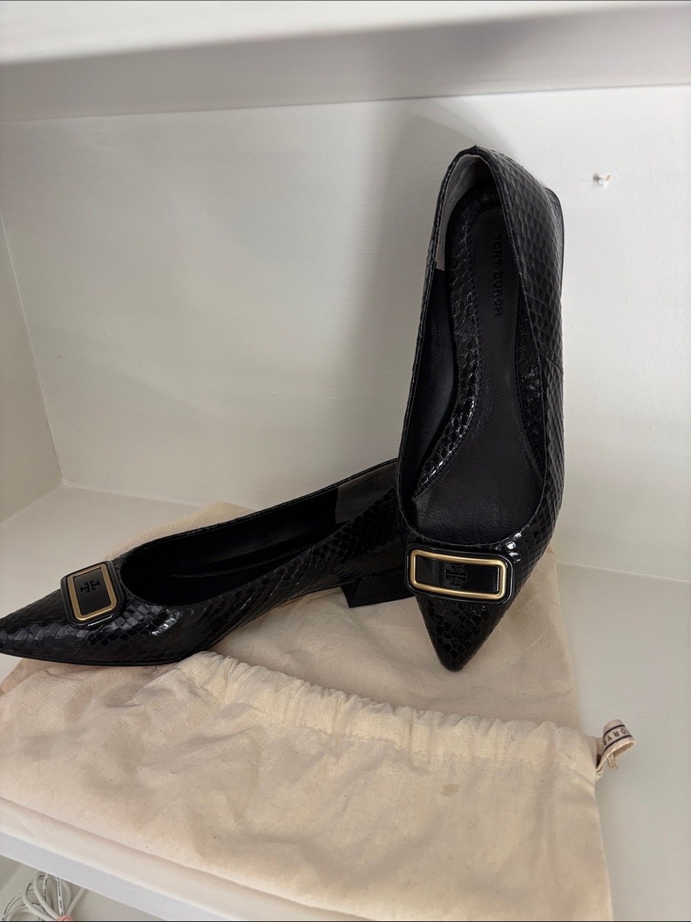Tory Burch Black Pointed Toe Snakeskin-Texture Flats with Gold Buckle